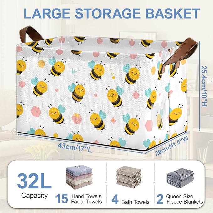 Cute Bee Storage Basket,Collapsible Storage Bin Cubes for Living Room Bedroom Blankets Home Storage 17x11.5x10Inch