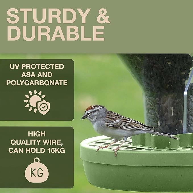 SWISSINNO Bird Feeders - No Mess Hanging Bird Feeder for Outdoors - Smart Birds Davos Spill Proof Wild Cardinal & Small Bird Feeder with Integrated Seed Catcher Tray - Dual Chamber - Sage