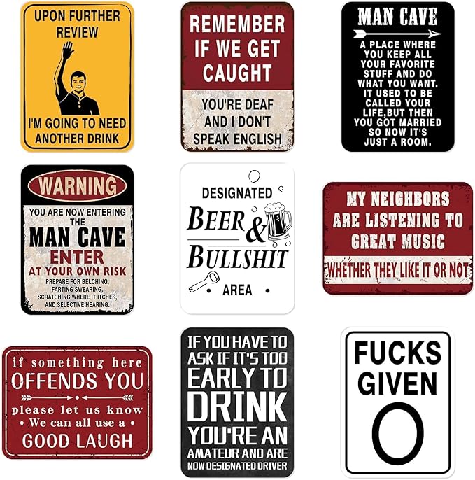 WERNNSAI Man Cave Party Decorations - 9 PCS Funny Man Cave Party Sign Decoration for Men Boys ManCave Theme Birthday Supplies Vintage Little ManCave Decor Beer Sign Poster for Home Garage Yard Decor