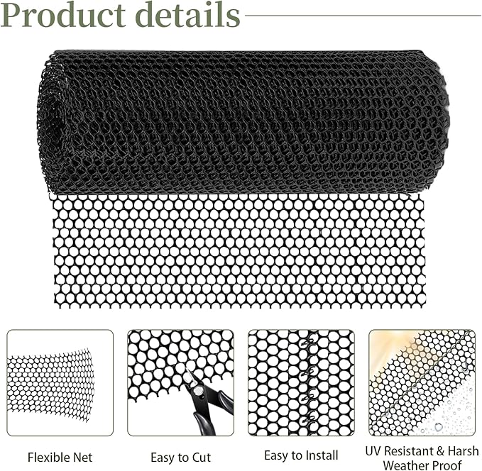 Plastic Chicken Mesh 1.3ft x 33ft (15.7" x 360") Chicken Fencing Black Chicken Mesh with Gloves Zip Ties Scissors Floral Chicken Wire Ideal for Poultry Fencing