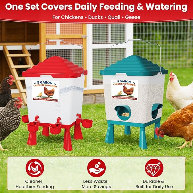 Chicken Feeder and Waterer Set, 5 Gallon Automatic Chicken Waterer with Cups, 40LB Large Chickens Feeders No Waste, Chicken Coop Accessories, Poultry Feeder & Chicken Watering System for Ducks, Quails