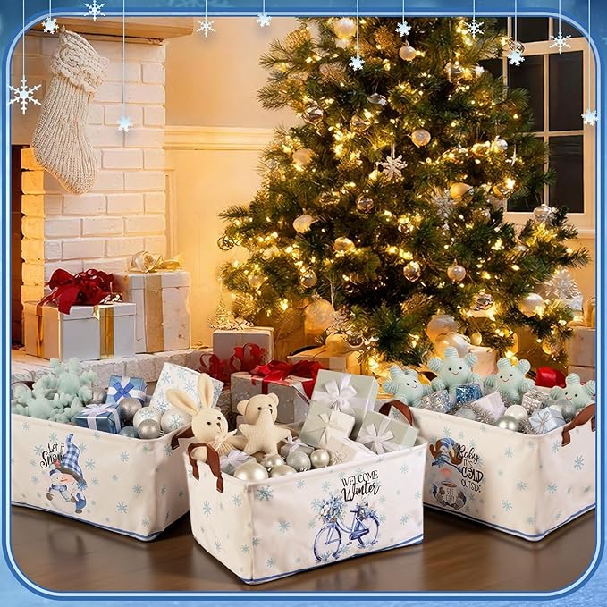 CHENGU 6 Pack Winter Storage Basket Collapsible Snowflakes Basket for Gifts Gnomes Holiday Decor Large Snowman Bin Foldable Blue Hello Winter Box with Handle for Bedroom Office Home