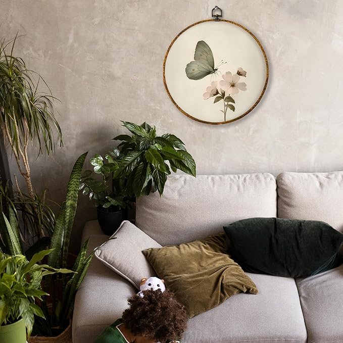 Hiuwevt Vintage Floral Butterfly Round Wall Art Decor, Retro Green Butterfly Floral Framed Canvas Prints, Farmhouse Rustic Round Wall Hanging Decor for Bedroom Living Room Decorations, 10x10 Inches