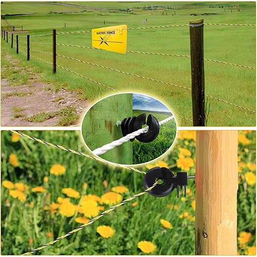 62 Pcs Electric Fence Wire Kit Include 656 ft 200 Meters Electric Fence Polywire, 25 PCS Black Fence Insulator, 25 PCS T Post Insulator, 1 Pcs Insulator Socket Tool, 10 PCS M4 Poly Rope Connectors