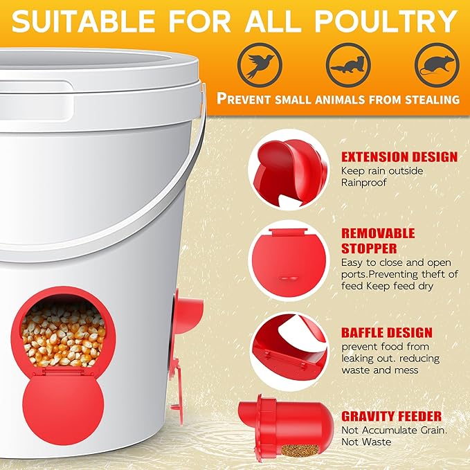 Chicken Feeder Port 12 Pack Poultry No Waste Port Kit with Stopper Lid, 1 Hole Saw, DIY Automatic Reusable Coop Feeder, Rain Proof Gravity Feeding Geese Duck Hens Rooster for Bucket Barrel Bin (Red)
