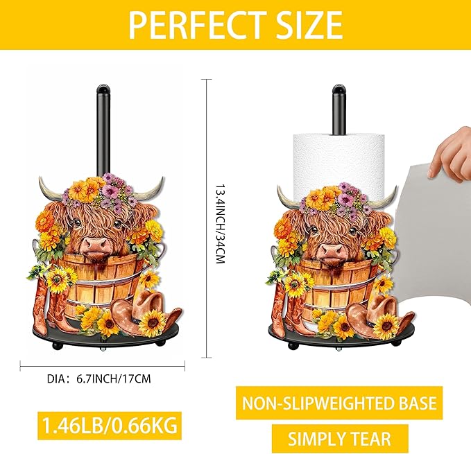 Highland Cow Paper Towel Holder, Highland Cow Decor for Countertop Cute Farmhouse Sunflower Decor for Home Table, Housewarming Birthday Gifts for Farm