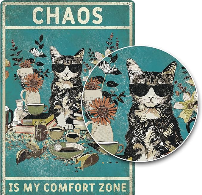 Vintage Green Cat Decor Metal tin signs, 8x12 Funny Cat Lover's Art for Living Room,Office,Shop,Room,Unique Home Decor Gift