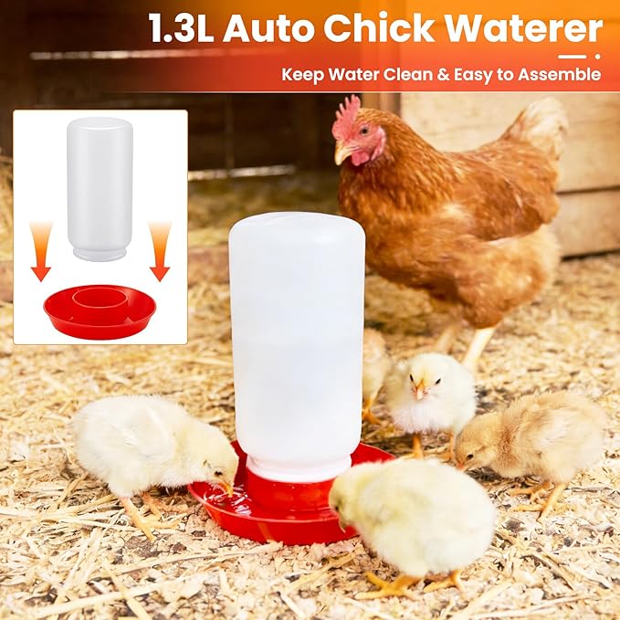Chick Starter Kit, 2 Chick Feeders and 1.3L Automatic Waterer Set with 75W Adjustable Heat Lamp (2 Bulbs) and Stand Perch, Brooder/Coop Supplies for Baby Chicken, Duck, Quail