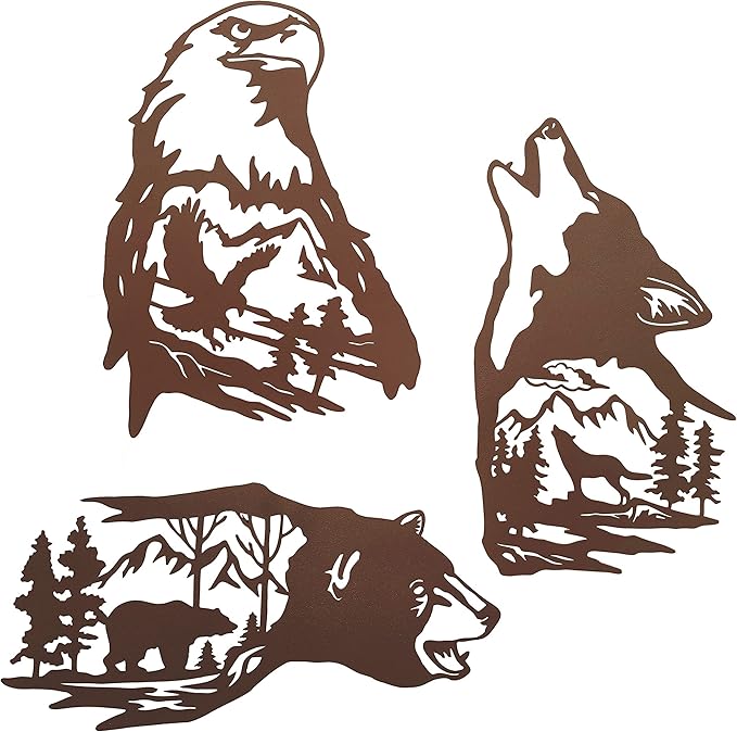 J-Fly Metal Bear Wall Decor Eagle Wall Decor Wildlife Wall Art Rustic Cabin Decor Laser Cut Bear and Wolf Eagle For Living Room Valentine Bathroom etc Indoor & Outdoor Decor 3 Pack