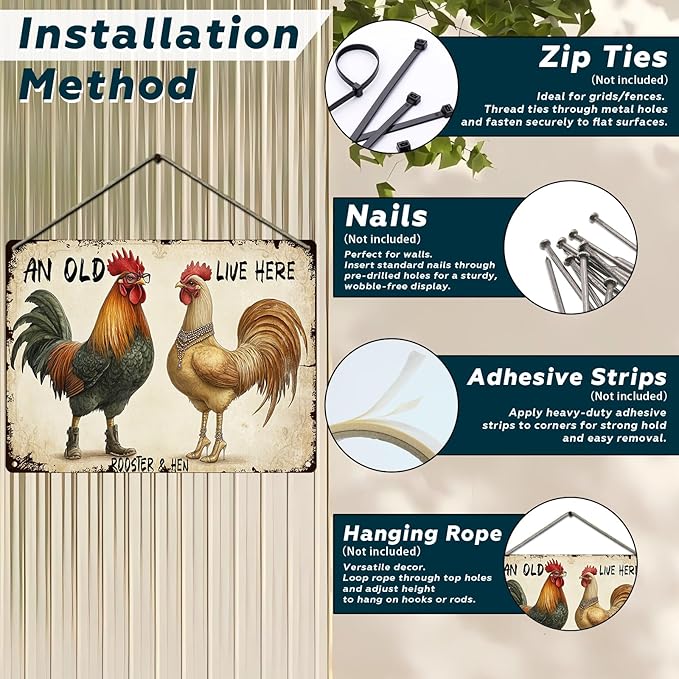 Funny Chicken Metal Sign An Old Rooster A Cute Chick Live Here Vintage Tin Sign For Home Farm Chicken Coop Farmhouse Kicthen Garden Decor 16x12 Inch