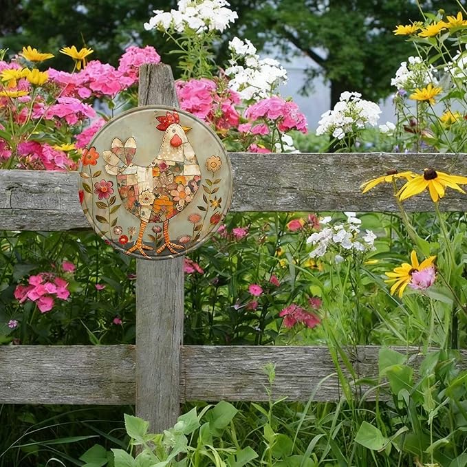 Chicken Round Metal Tin Sign Wreath Farm Flowers Rustic Vintage Wall Art Decor for Farmhouse Home Kitchen Garden Office Backyard Patio 12x12inch