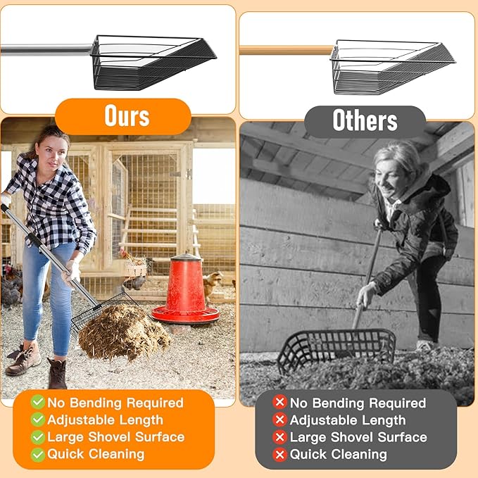 Chicken Poop Scooper, 66.9in Stainless Steel Long Chicken Coop Litter Scoop, Detachable Poop Shovel for Chicken Coop Accessories, Chicken coop Cleaning Tools
