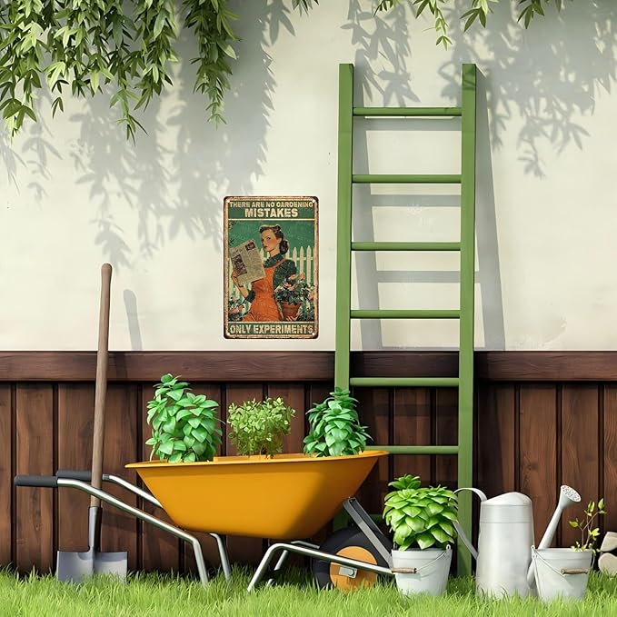 Gardening Girl Metal Tin Sign Rustic Wall Decor Vintage Botanical Art There Are No Gardening Mistakes Only Experiments Quote 8x12inch