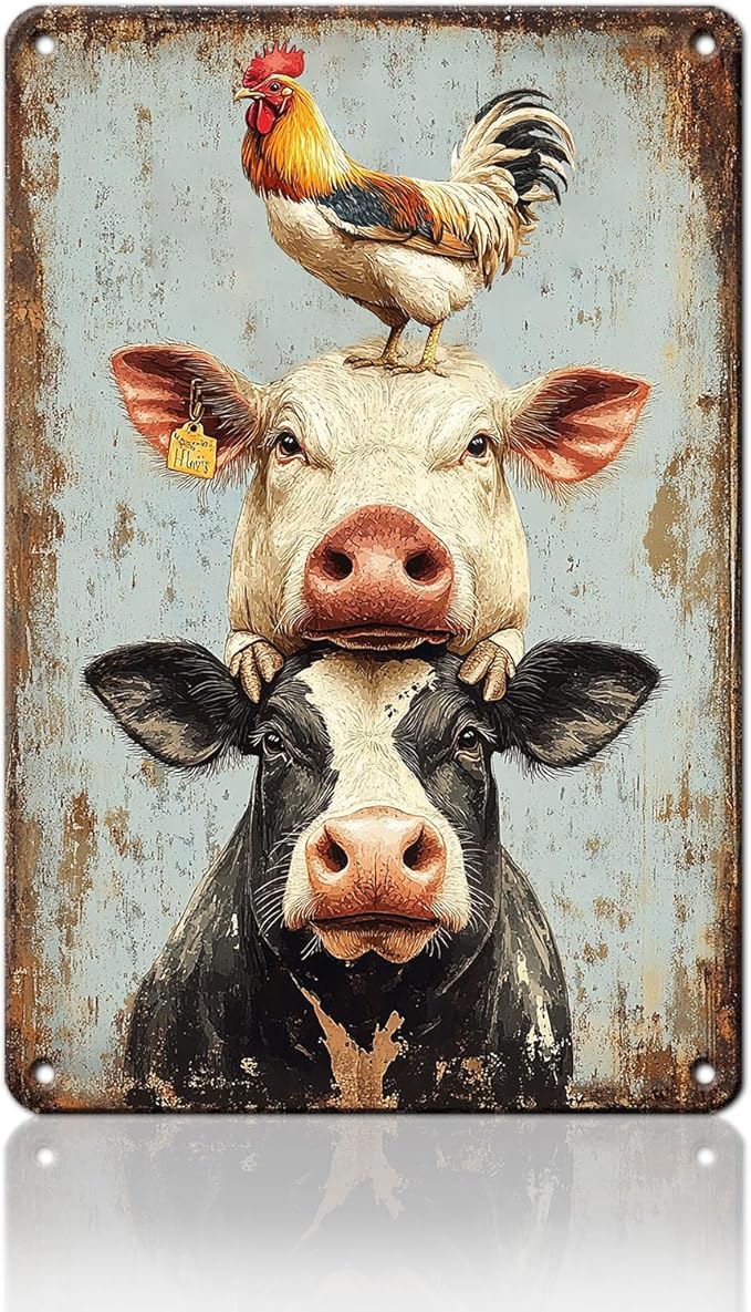 Vintage A Pig Cow Chicken Metal Sign Rustic Home Kitchen Coffee Garden Farmhouse Chicken Coop Wall Decor Ruster Tin Poster 12x16 Inch