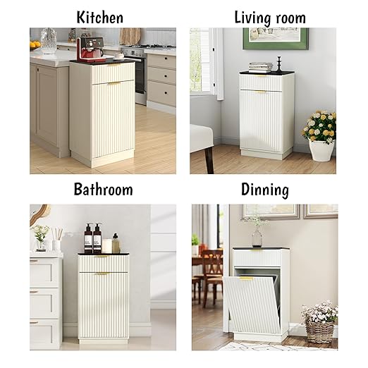 19 Inch Single 10 Gallon Wood Grain Tilt-Down Trash Can Cabinet with Storage Drawer,Wood Grooved Recycling Cabinet with Wave Texture Hidden Pull-Out Trash Can for Kitchen,Bathroom (White-03)
