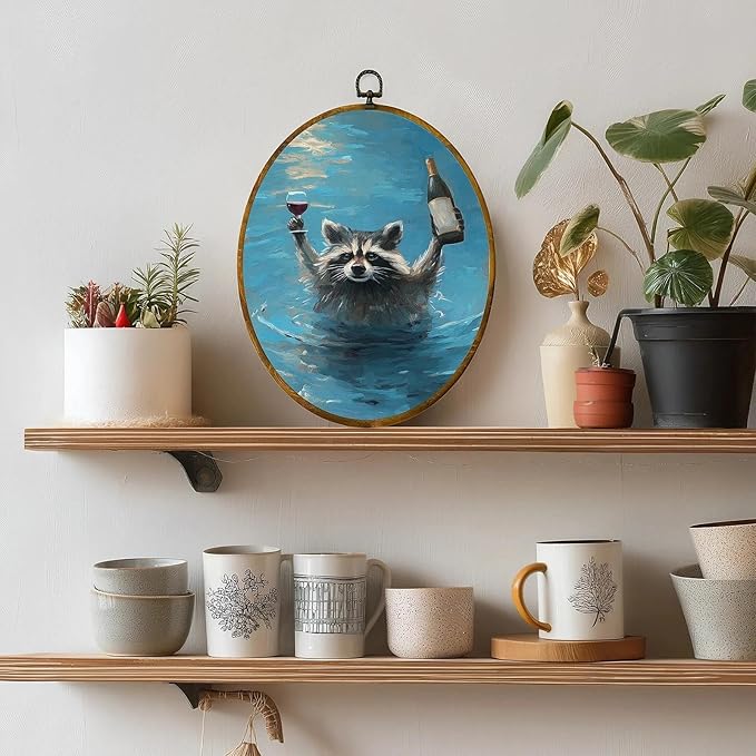 zewepri Raccoon Wall Art, Wine Lover Gift – 8.6×11.4 Inches High-Density Canvas with Pre-Installed Hook for Easy Hanging, Ideal for Bedroom, Living Room, Study, or Gift for Art Lovers