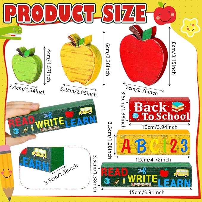 Geelin 4 Pcs Back to School Wooden Decor Apple Tiered Tray Decor Mini Wood Book Stacks Pencil Decorative Books Rustic Farmhouse Signs with Tag for Tiered Tray First Day of School Students