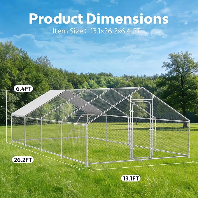 Large Metal Chicken Coop Run with Roosting Perch– Outdoor Waterproof & UV-Resistant Cover for Chickens, Ducks, Rabbits, and Hens in Yard or Farm Use Dome Roof (13.1'Wx26.2'Lx 6.5'H)