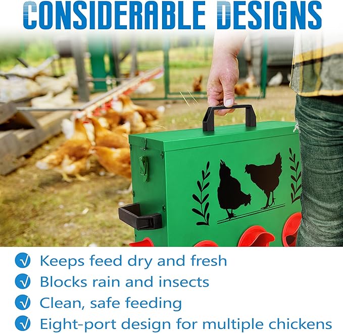 Chicken Feeders, 50 lb Capacity 8 Port Automatic Chicken Feeder, Metal Chick Feeders with Locking Lid and Legs, Chicken Feeder for Chickens, Ducks, Geese, Green