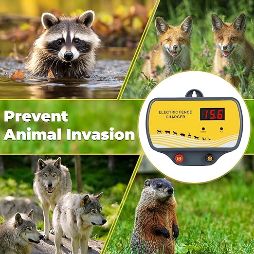 Electric Fence Charger 12V Input to 12KV Output, 2 Joule, 120 Acre Plug-in Electric Fence Energizer for Wildlife Control & Animal Intrusion Prevention Includes Warning Signs and Conductive Wire