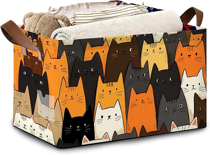 Funny Cat Storage Baskets,Foldable Organizer Bin with Handles for Home Living Room Bedroom Closet Box 17x11.5x10Inch