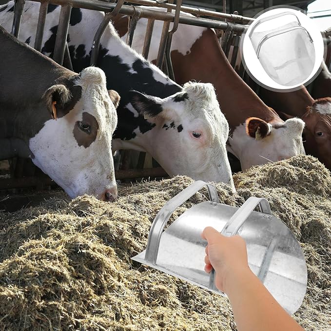 ibasenice Thickened Metal Feed Scoop for Livestock Feeding, Galvanized Grain and Pet Food Shovel with Double Handles, Large Capacity for Farm, Ranch, and Outdoor Use