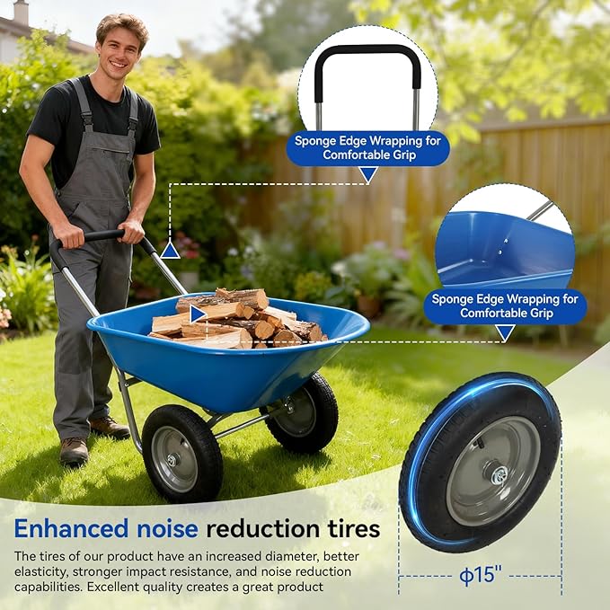 Dual Wheel Garden Wheelbarrow,Heavy Duty Yard Cart with 10“/15" Pneumatic Tires, Rustproof Poly Tray & Steel Handle, 300 lbs Capacity Utility Cart for Lawn, Farm, and Landscaping (Blue-15“)