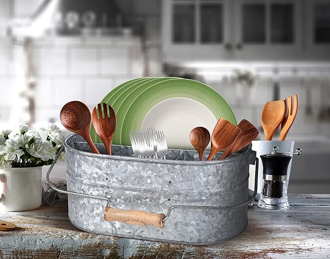 Light & Pro Multipurpose Galvanized Rustic Farmhouse Caddy - Metal 4 Compartment Storage Bin Caddy With Wooden Handle Perfect For Kitchen Utensils, Picnic, Garden Planter - Hammered - Antique Grey