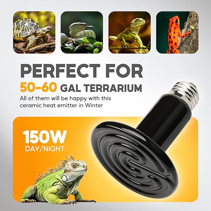 HealSmart 150W Reptile Heat Lamp Ceramic Heat Emitter, No Light Emitting Heat Bulbs, Suitable for Snake/Lizard/Spider, Plant Growth and Incubating Chicken, 2-Pack