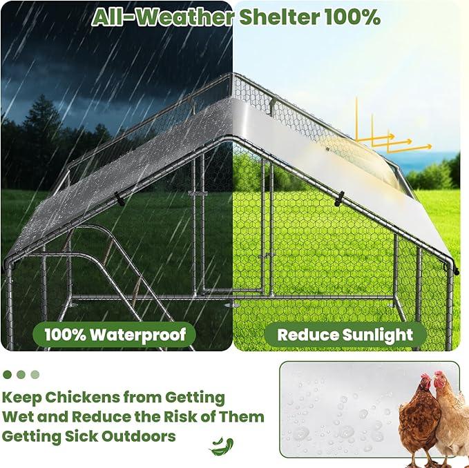 Large Metal Chicken Coop Run with Roosting Perch– Outdoor Waterproof & UV-Resistant Cover for Chickens, Ducks, Rabbits, and Hens in Yard or Farm Use Spire Roof(13.1'Wx26.2'Lx 6.5'H)