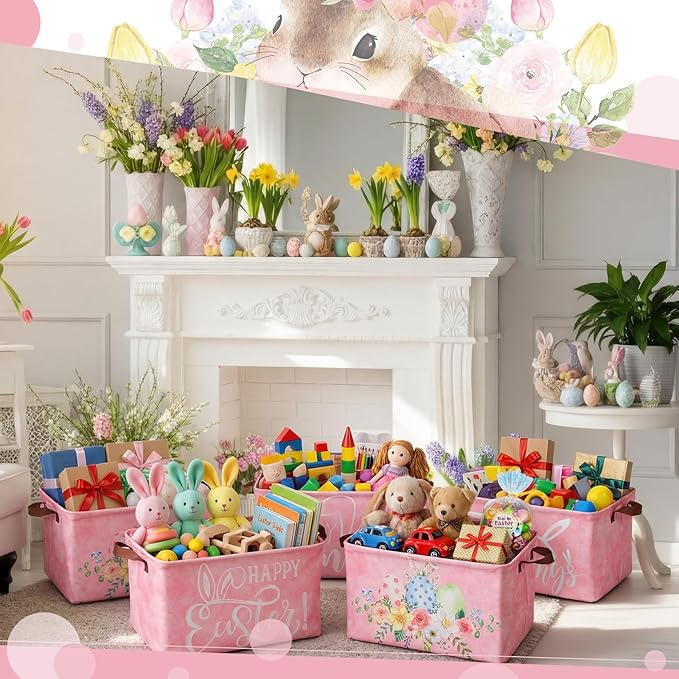 CHENGU 6 Pack Easter Storage Bin Collapsible Cute Easter Basket for Gift Large Pink Bunny Eggs Holiday Decor Rabbit Hunny Bunny Basket Foldable Farmhouse Flower Box with Handle for Bedroom Office Home