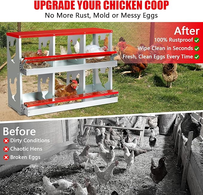 6 Hole Chicken Nesting Box,Roll Away Nesting Boxes for Laying Eggs with Large Vented Holes,Wall-Mountable Chicken Coop Nesting Boxes,Metal Laying Boxes for Hens,Ducks(Red)