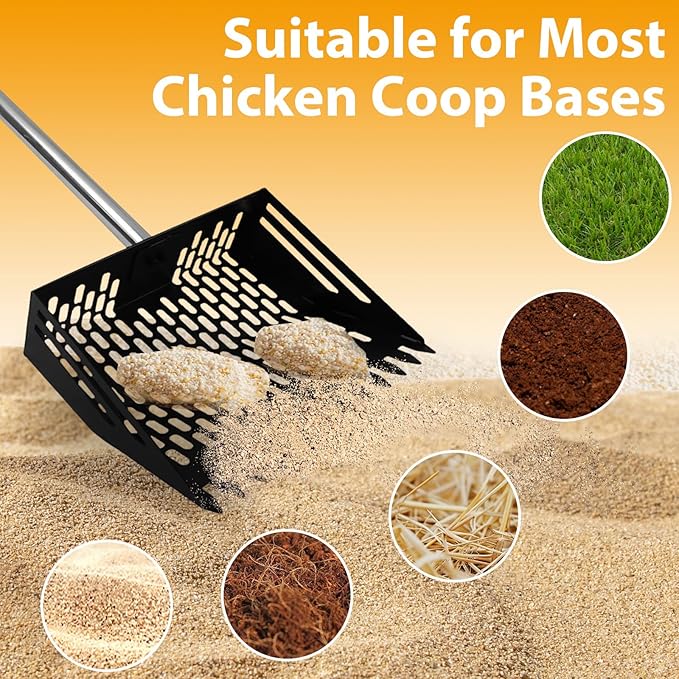 Chicken Poop Scooper & Rake,Metal Coop Scoop for Poop Sand with 35" to 62" Adjustable Stainless Steel Handle,Cleaning Supplies for Chicken Coops & Animals House