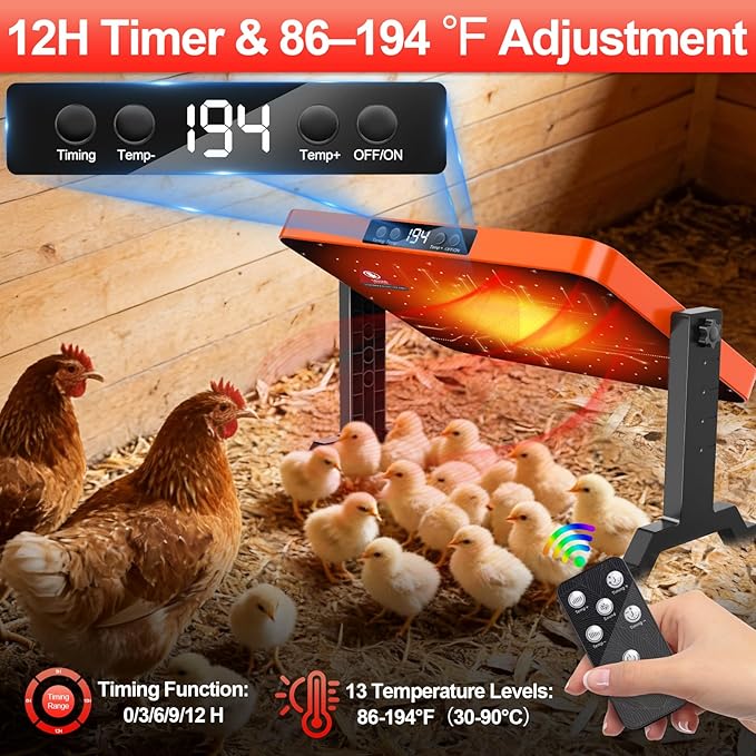 Chick Brooder Heater,200W Chick Heat Brooder Plate with Adjustable Height & Angle,Safe Radiant Heating Plate with Temp (86~194℉)&12H Timer,Brooding Plate Chicken Coop Heater for Chicks,Quail,Ducklings