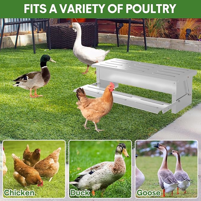 Stainless Steel Automatic Chicken Feeder, Treadle Chicken Feeder with Weatherproof Lid, No Waste Chicken Feeder, 15 lbs Poultry Feeder, for Chickens, Ducks, Fowl