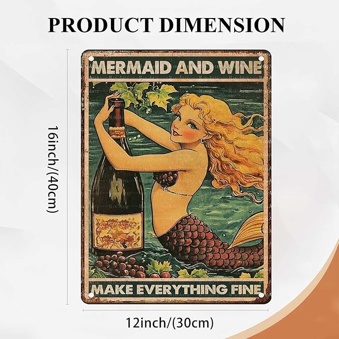 Mermaid Vintage Tin Sign Mermaid And Wine Make Everything Fine Funny Metal Sign for Home Living Room Kitchen Garden Bedroom Office Hotel Cafe And Pub Decoration 12X16Inch