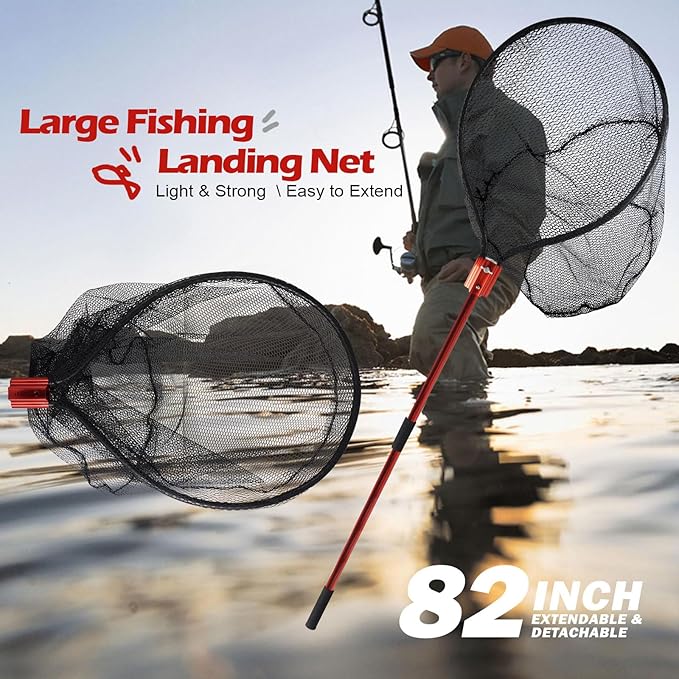 Fish Landing Net with Extendable Aluminum Telescoping Handle, Large Fishing Net for Steelhead,Catfish, Bass, Salmon, Flyfish,Trout, Flagfish, Tuna Fishing net Extend to 82 Inches - HeavyDuty