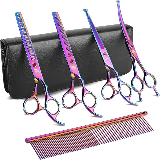 7" Dog Grooming Scissors Kit Multicolour, Premium Japanese 440C Stainless Steel Straight Scissors, Thinning Shears, Curved Scissor, Chunker Shears with Steel Comb for Precise Styling