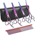 7" Dog Grooming Scissors Kit Multicolour, Premium Japanese 440C Stainless Steel Straight Scissors, Thinning Shears, Curved Scissor, Chunker Shears with Steel Comb for Precise Styling
