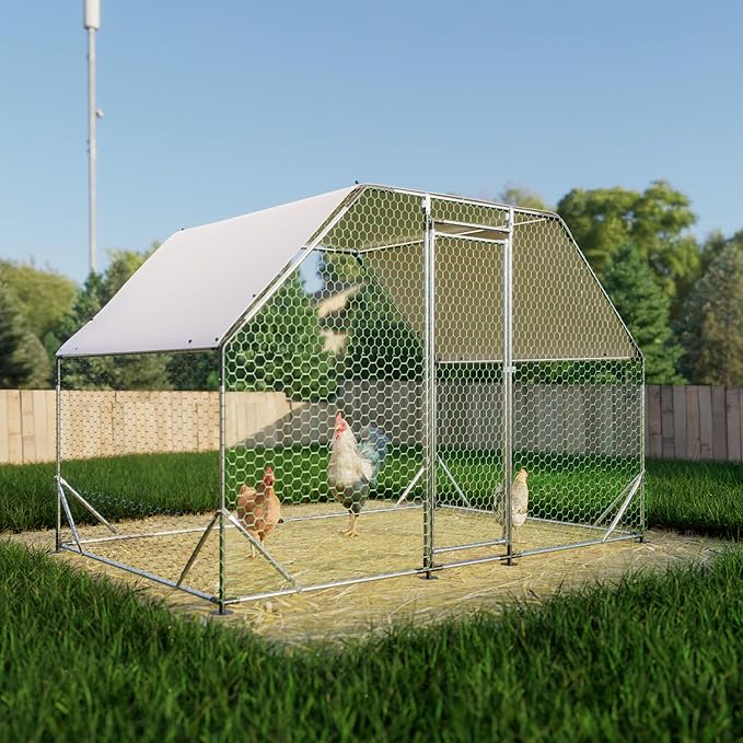Large Metal Chicken Coop with Waterproof Cover, Walk-in Chicken Cage for 6/10 Chickens, Rabbits, Ducks, Outdoor Pen