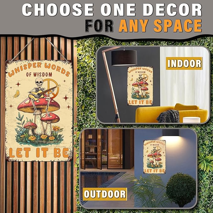 PEACHGARDEN Funny Skull Decor Mushroom Metal Sign Hippie Poster Whisper Words of Wisdom Let It Be Wall Decor for Home Patio Porch Garden Bedroom Man Cave 8x12inch