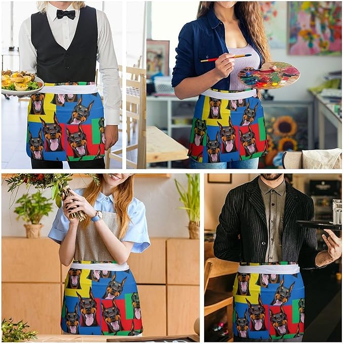 Unisex Chef Waiter Apron Waist Half Short Serving Aprons with 3 Pockets
