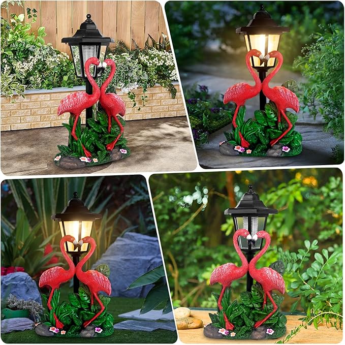 Solar Flamingo Garden Decor, Romantic Flamingo Couple with LED Lantern Decoration for Outside Patio Yard Backyard Gifts for Mother's Day Birthday Housewarming