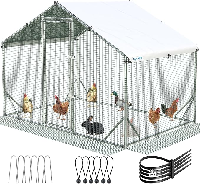 Quictent Large Metal Chicken Coop Run for 10+ Poultry with Side Hardware Cloth & Waterproof Cover, Advanced Series Outdoor Walk-in Cage Hen Duck Rabbit Dog Pen Yard Farm House, 6.6x9x6.6FT