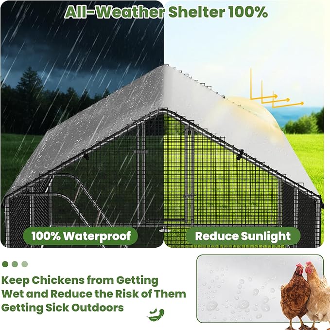 Large Metal Chicken Coop Run with Roosting Perch, Outdoor Poultry Cage with Waterproof & UV-Resistant Cover for Chickens, Ducks, Rabbits in Yard or Farm Use, Spire Roof(8.9'W x17.7'L x 6.6'H)