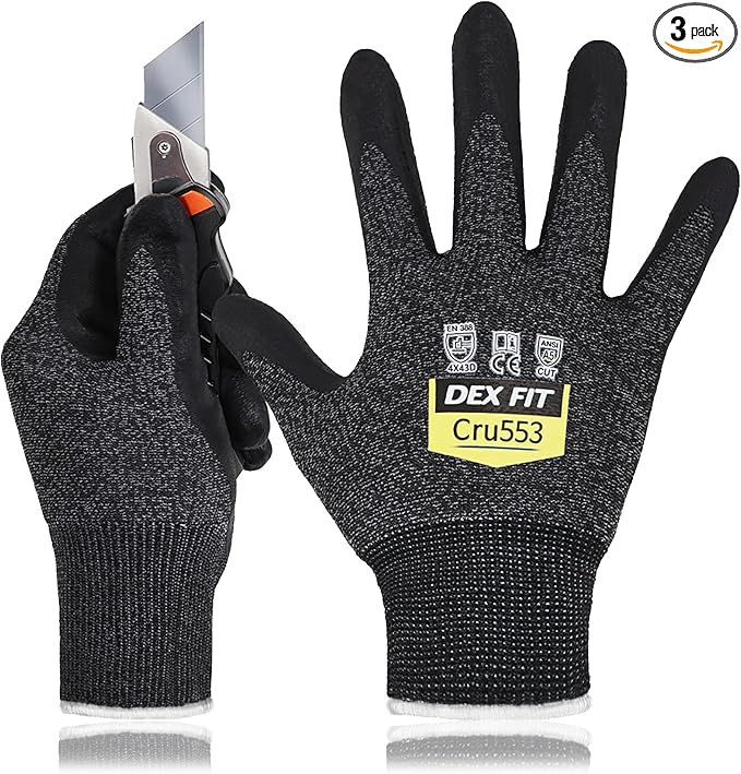 DEX FIT Level 5 Cut Resistant Gloves Cru553, 3D-Comfort Fit, Firm Grip, Thin & Lightweight, Touch-Screen Compatible, Durable, Breathable & Cool, Machine Washable; Black Grey S (7) 3 Pairs