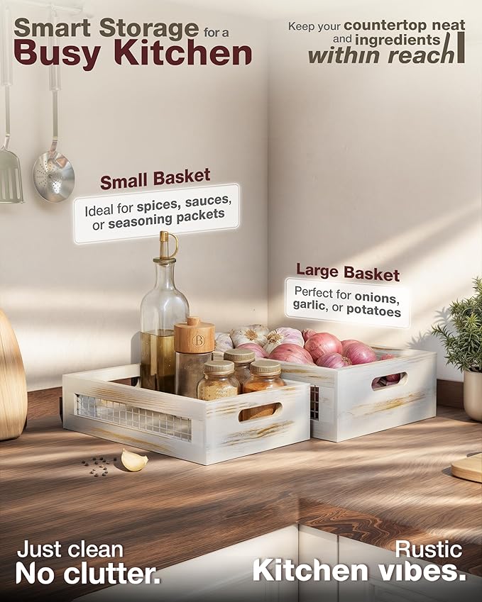 Wooden Countertop Baskets Set of 2 for Kitchen, Bathroom, Pantry|Wall Mount Upgrade with Full Accessories| Rustic Nesting Boxes|Wooden Organizer Crates for Fruit, Vegetables, Produce, Bread
