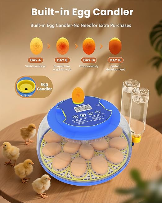 18 Egg Incubator with Automatic Egg Turning - Hatching Unit with Digital Control & Built-in Candler - Incubation System with 2 Hatcher Trays for Chicken, Duck, Goose, Quail, Parrot Eggs - Cyan