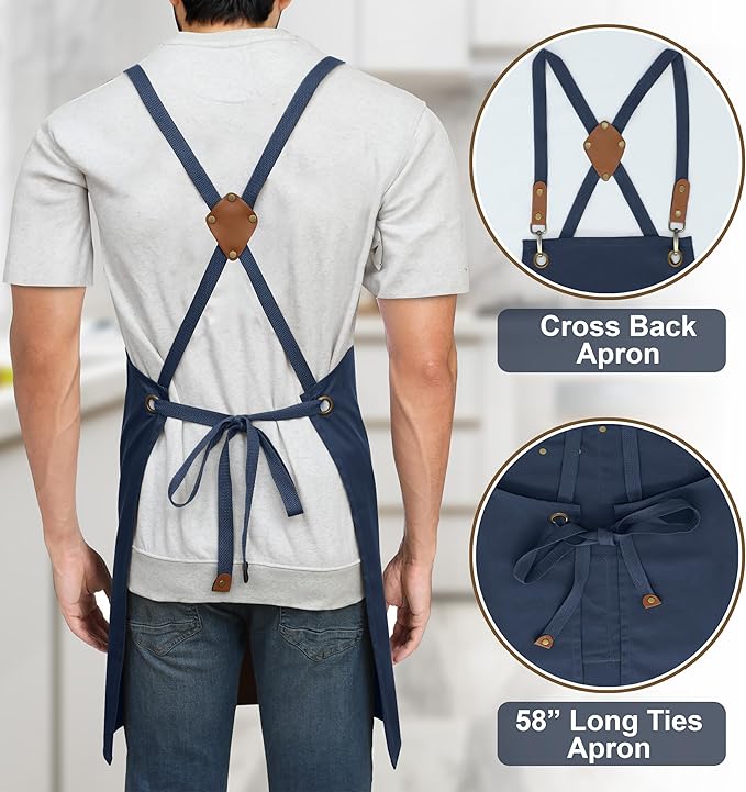 RUVANTI Work Apron for Men, Oil & Water Repellent, Poly Cotton Cross Back Aprons for Women with Pockets, Adjustable up to XXL