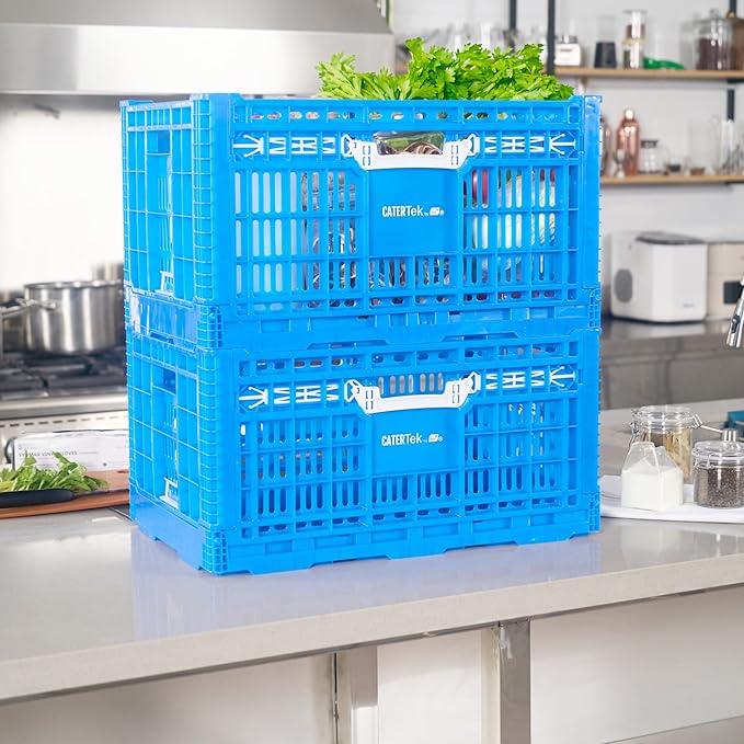 Restaurantware Plastic Milk Crates for Storage - 10 Pack - Cater Tek Stackable Storage Buns for Organizing - Collapsible Storage Basket for Groceries, Home Supplies, Blue